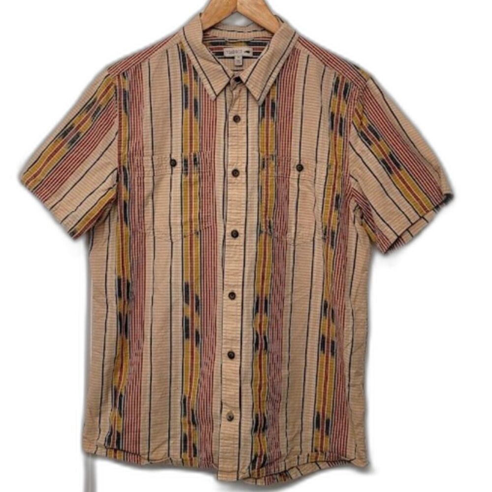 Toad&Co Ikat Stripe Short Sleeve Button Shirt Camp Travel Pockets FLAW Mens M